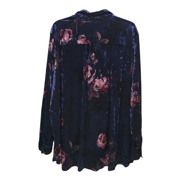 2X BELLE BY KIM GRAVEL Velour Floral Relaxed Fit Button Down Stretchy Blouse - Picture 3 of 5